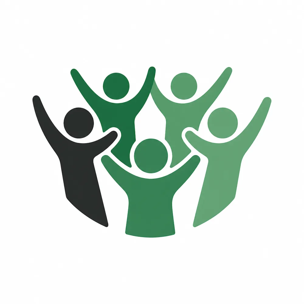 Illustration de quatre silhouettes de personnes avec des bras levés, formant une sorte de cercle, dans différentes nuances de vert et noir, symbolisant la diversité et la communauté.
